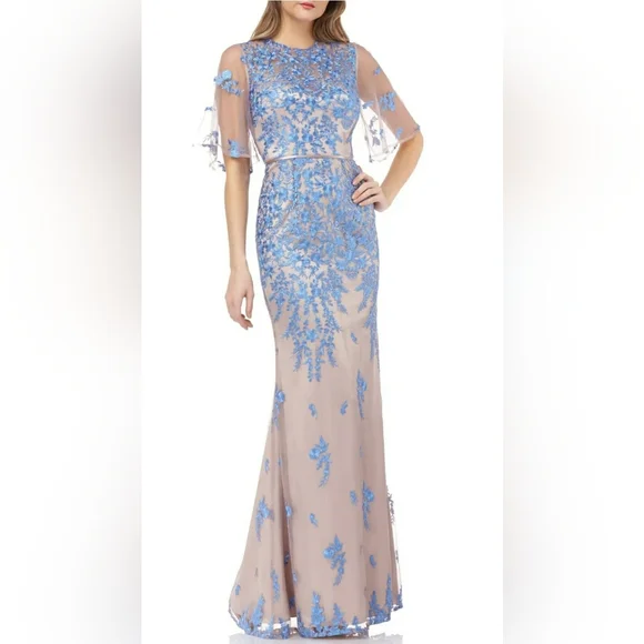 JS Collections | Dresses | Js Collections Nwt Blue Illusion Embroidered  Flutter Sleeve Maxi Dress Size 6 | Poshmark
